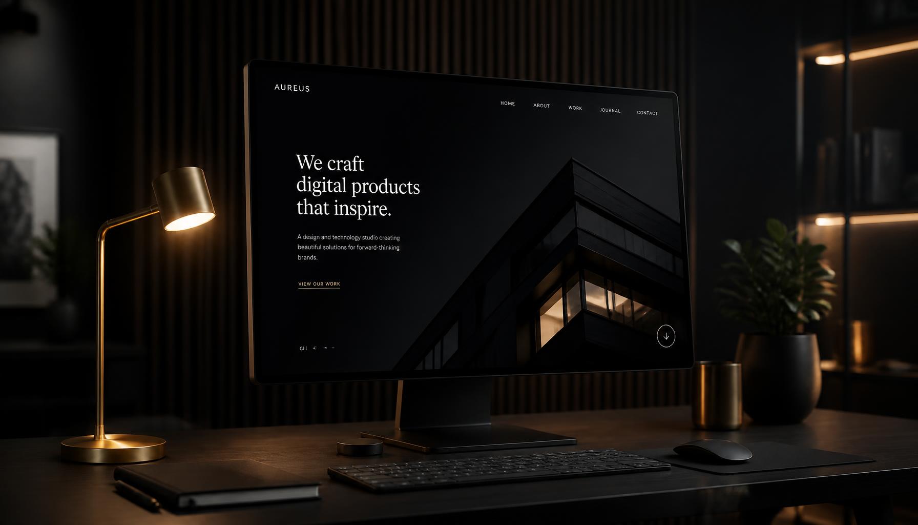 Modern workspace with a website design on screen